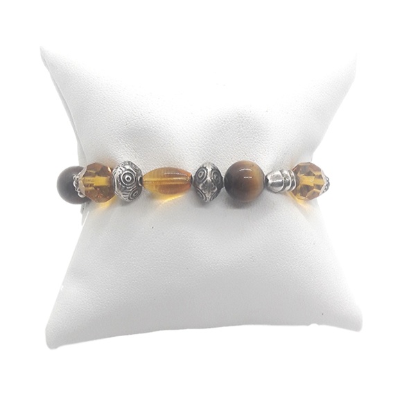 Orange, gold, brown, sterling silver beaded bracel - Picture 1 of 5